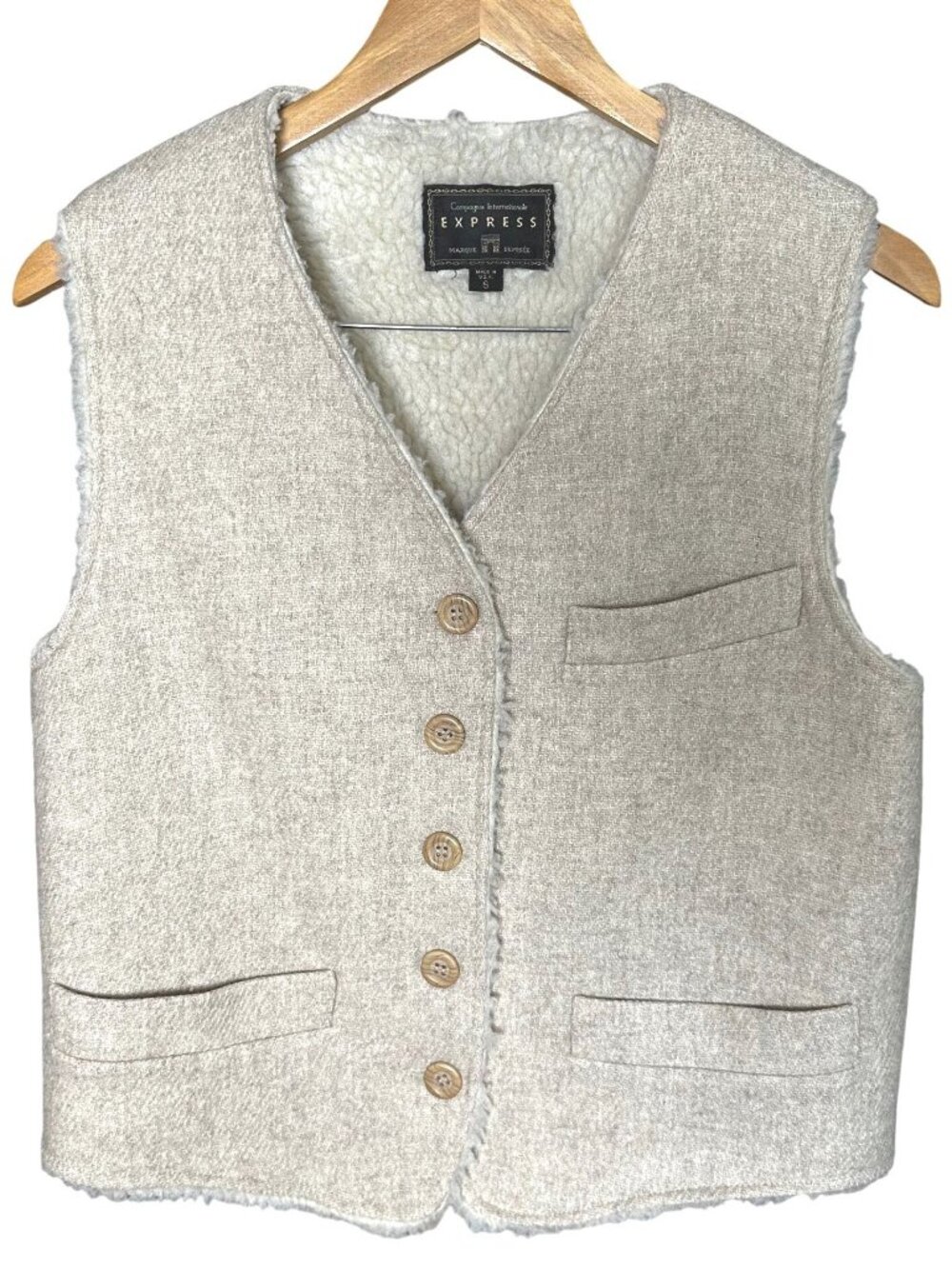 Vintage Express Wool Vest Small Cream Sherpa Lined Button Front Pocket USA Made
